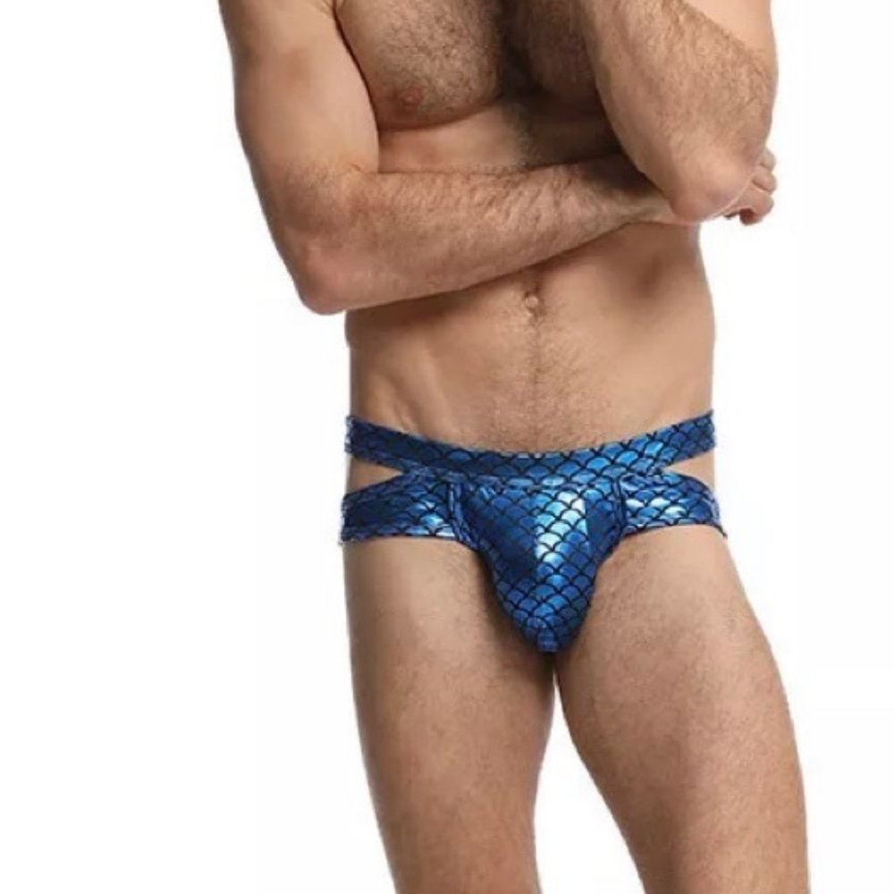 Metallic blue Sexy Jockstrap Briefs faux Leather